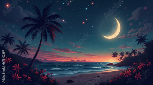 Tropical beach scene with palm trees and crescent moon at night  