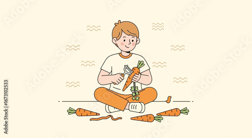 Kid Preparing Carrots Illustration Depicting Healthy Food And Culinary Skills
