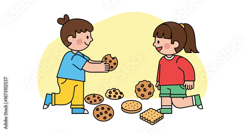 Kids Enjoying Cookies, Sharing Treats, Simple Happiness: Delightful Illustrated Scene
