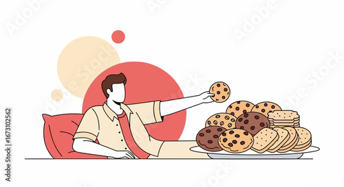 Man Choosing Tasty Cookies Sitting Relaxed, Focused on Sweet Dessert Mealtime
