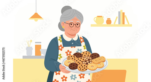 Kind Grandma Presents Delicious Fresh Baked Cookies On A Plate, Ready To Serve
