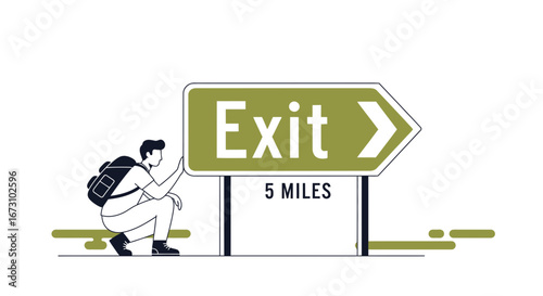Man Contemplates Exit Sign Preparing For The Last Miles In The Journey Ahead