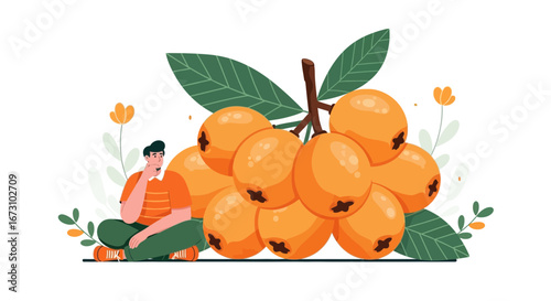 Man Contemplating Medlar Fruit With Floral Elements And Greenery Scene