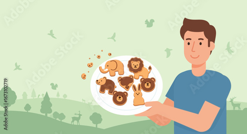 Kindness Shown Presenting Animal Biscuits in a Green Environment of Nature