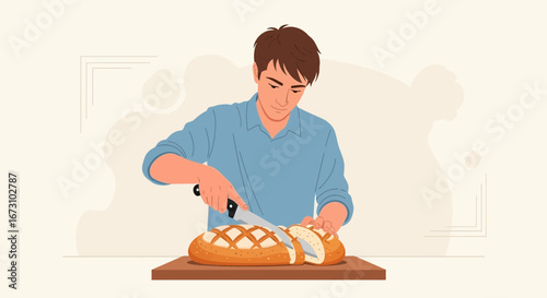 Man Cutting Fresh Bread In Kitchen, Preparing Breakfast, Food Illustration, Close Up