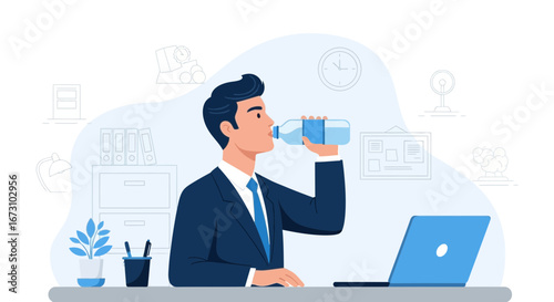 Man Drinking Water While Working, Promoting Hydration and Workplace Wellbeing