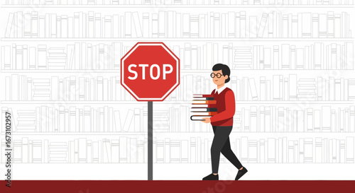 Knowledge Blockage Concept Depicted With Sign Warning, Bookish Passage Hindered