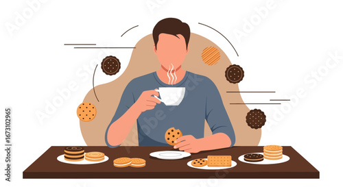 Man Drinking Coffee With Cookies Showing Lifestyle Graphic For Food Lovers