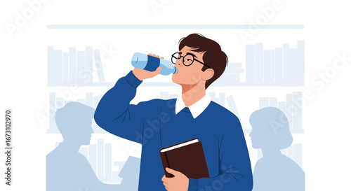 Knowledge Seeker Refreshing Hydration While Reviewing Literary Materials In The Library