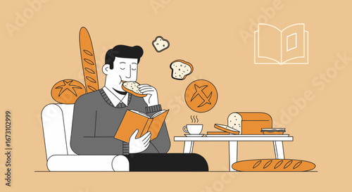 Man Eating Bread While Reading Book In Relaxed, Comforting, And Peaceful Environment