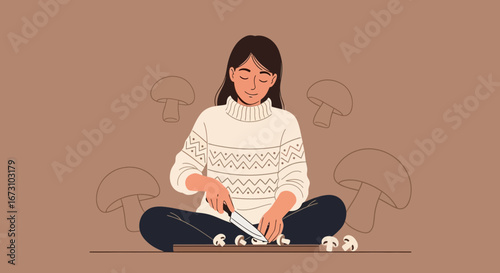 Lady Preparing Mushrooms in Kitchen, Illustration with Cozy and Warm Vibes