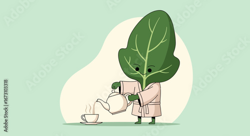 Leaf Character Enjoying Tea in Robe, Whimsical Scene with Healthy Living Theme