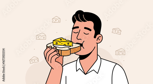 Man Enjoying Cheese Toast Illustration: A Simple Delightful Moment, Focused On Food