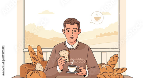 Man Enjoying Breakfast, Toast And Coffee In A Peaceful Morning With Freshly Baked Bread Art