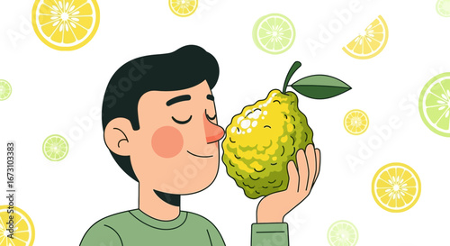 Man Enjoying Citrus Fruit's Aroma, Freshness, And Its Zesty Fragrance Composition