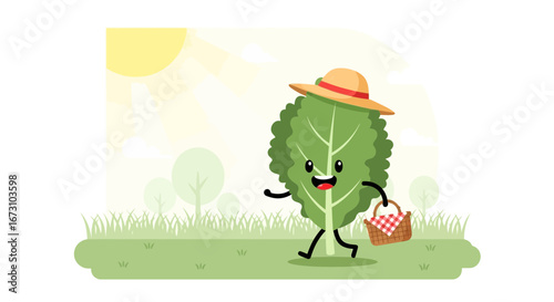 Leaf Person Going On Picnic With A Hat And A Basket, Sunny Day Outside