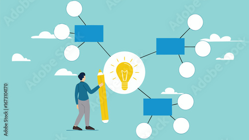 business idea description map, strategy or plan to solve business problems, decision making concept, businessman writing mind map diagram for easy understand concept vector illustration
