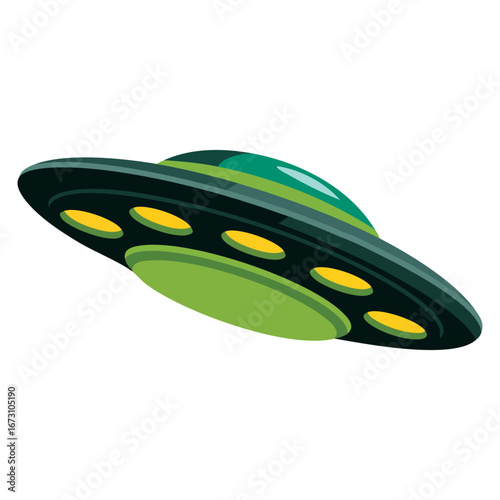 Vector flat spaceship UFO cartoon object isolated on white. Perfect element for banners, infographics, labels, and space themed projects.