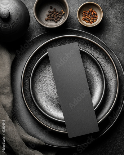 Moody Dining Setup – Black Table with Ceramic Plates & Menu Card (Dark Fade)