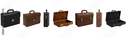 Classic leather briefcase product views; briefcase shown closed and open, briefcase details show handle, lock, stitching, pockets for documents, look for brand, set, isolated, transparent background