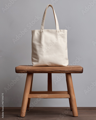 Minimalist Wooden Stool with Cotton Tote – Neutral Background (Overlay Space)