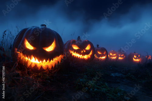 Glowing jack-o'-lanterns in the dark night. Creepy and mystical Halloween scene