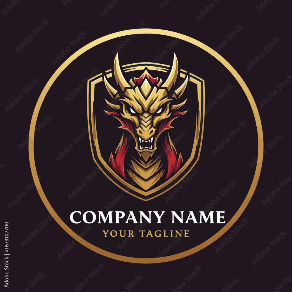 Fototapeta premium A golden dragon logo design, featuring a fierce dragon head inside a shield, with company name.