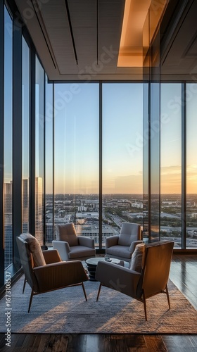 A living room with a view of the city