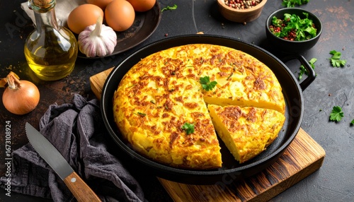 Spanish Omelette with Potatoes and Onions in Black Pan