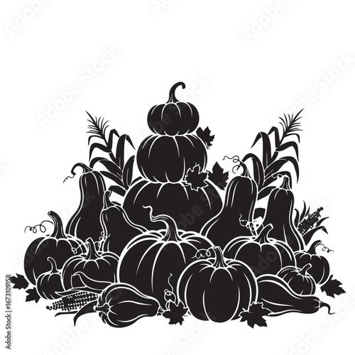 Silhouette of Autumn Harvest with Pumpkins and Corn