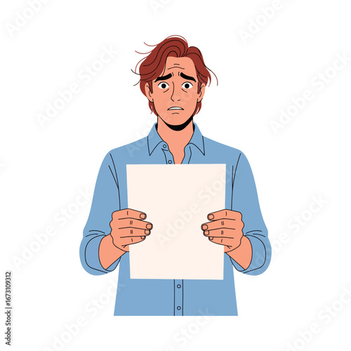 A worried or sad young man holding a blank white sign. Your text or message can be added here. Character illustration showing concern or protest.