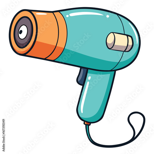 Adorable cartoon hairdryer in teal and orange with a button and cord on white hair dryer styling