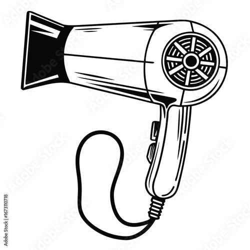 Black and White Drawing of a Hair Dryer with a Flexible Cord and Nozzle hairdryer blow dryer