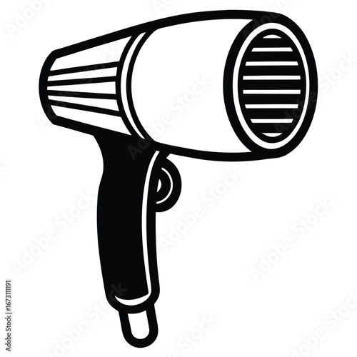 Black and White Icon of a Hair Dryer with White Outline on White Background hairdryer blow dryer