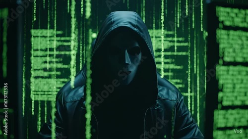 Hacker in a Hooded Jacket in Front of Computer Screens with Green Code