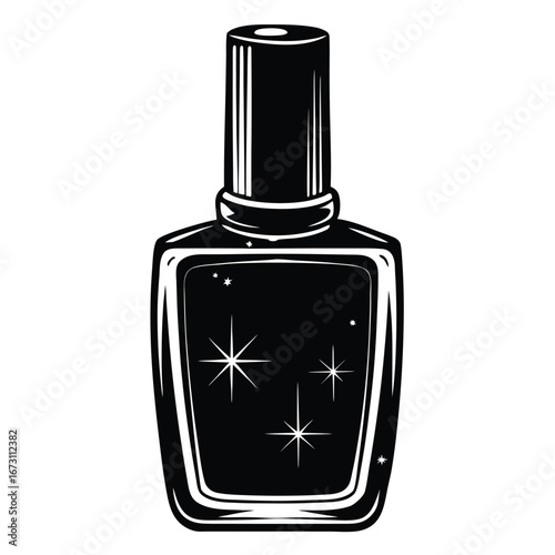 Black and white illustration of a nail polish bottle with sparkles nail lacquer manicure