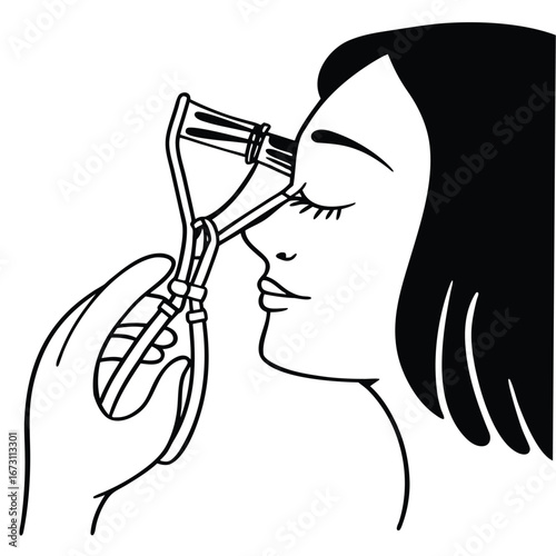 Black and white illustration of a woman using an eyelash curler on her eye makeup application beauty treatment