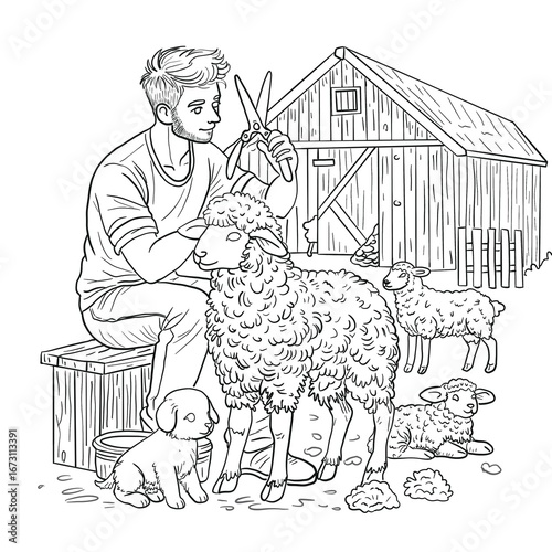 Картината върху платно A man is  shearing sheep