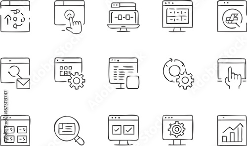 Vector collection of hand drawn web development icons representing various aspects of website creation and design