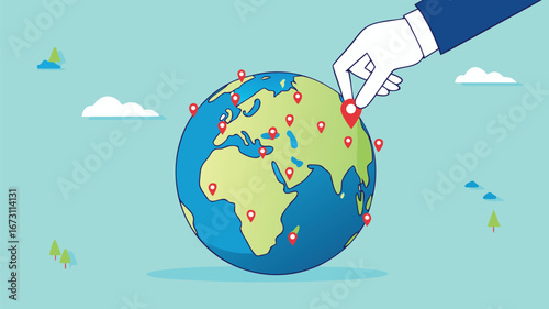Businessman hand put new branch pin on world map across globe.Global business expansion, open company branches, franchise in new location to cover all continent. growing business worldwide concept
