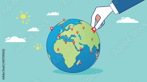 Businessman hand put new branch pin on world map across globe.Global business expansion, open company branches, franchise in new location to cover all continent. growing business worldwide concept
