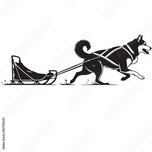 Black and White Illustration of a Sled Dog Pulling a Sled