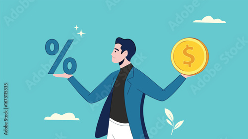 business lending, debt or financial credit, investment concept, business loan funds for capital or investment, mortgage or loan interest rate, businessman holding dollar money coin and percentage
