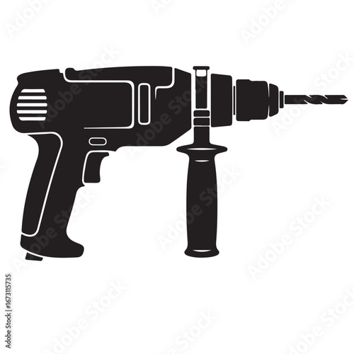 Black Silhouette Illustration of an Electric Drill with Auxiliary Handle