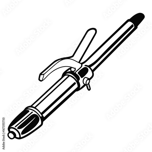 Black and White Line Art of a Curling Iron on a White Background hair curler hair styling