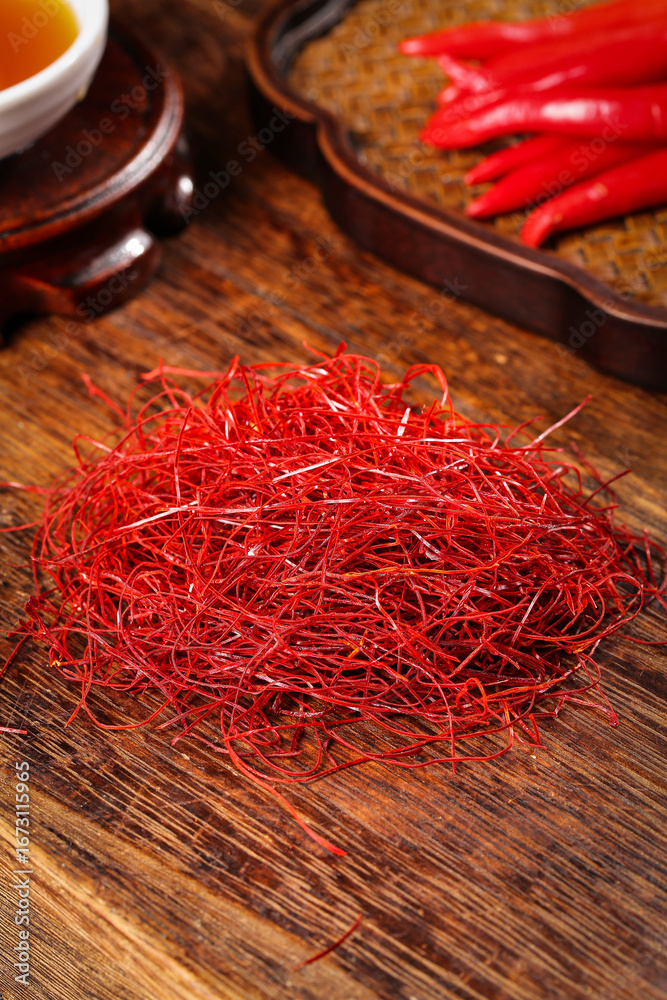 Naklejka premium Red Chili Pepper Shreds and Bell Peppers on Wooden Board - Spice Cooking Ingredients