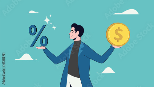 business lending, debt or financial credit, investment concept, business loan funds for capital or investment, mortgage or loan interest rate, businessman holding dollar money coin and percentage
