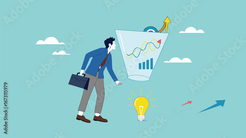 Data scientist, analyze data to produce recommendation and company decision support, analyze data for business insight, businessman analyzing lightbulb idea using magnifying glass for business insight