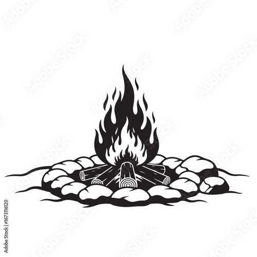 Stylized Campfire with Logs and Stones Illustration