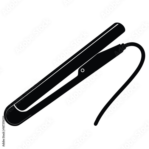 Black and white silhouette of a hair straightener with a cord hair styling beauty tool
